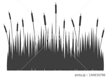 Swamp grass reed silhouette. Vector tall cattails. Water plants near river and lake bank isolated on white background. Bulrush high foliage flat illustration Swamp grass reed silhouette. Vector tall cattails. Water plants near river and lake bank isolated on white background. Bulrush high foliage flat illustration 140638796