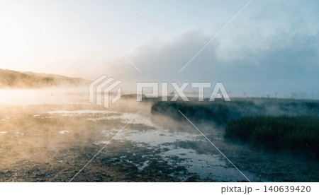 A foggy morning in a coastal wetland area; makes a great background  140639420