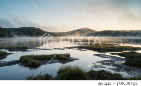 A foggy morning in a coastal wetland area; makes a great background  140639423