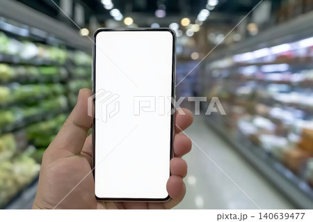 Hand holding smartphone with white blank screen over blurred supermarket and retail store in shopping mall interior background for product display montage. Hand holding smartphone with white blank screen over blurred supermarket and retail store in shopping mall interior background for product display montage. 140639477