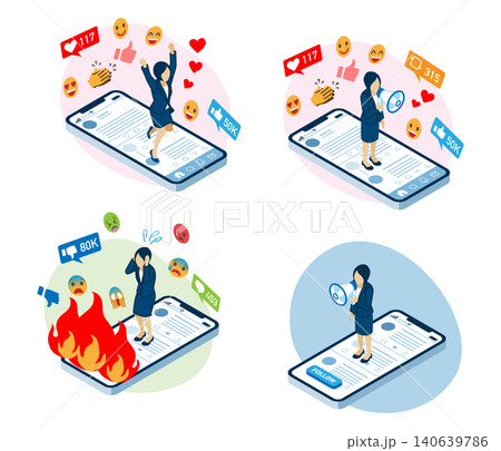 SNS情報発信と反応セット ビジネスウーマン SNS情報発信と反応セット ビジネスウーマン 140639786