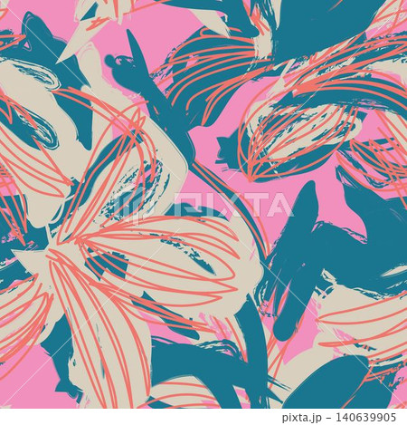 Brush stroke floral textile pattern design in pink and teal for fashion and home textiles Brush stroke floral textile pattern design in pink and teal for fashion and home textiles 140639905