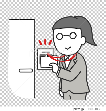 A woman in a suit holds up her entry/exit card. 140640338