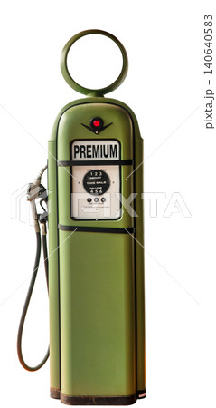 Vintage green gasoline pump of old gas station. Petrol pump filling nozzles isolated on white background. Classic fuel pump for premium car. Benzene and diesel oil storage container for delivery. Vintage green gasoline pump of old gas station. Petrol pump filling nozzles isolated on white background. Classic fuel pump for premium car. Benzene and diesel oil storage container for delivery. 140640583