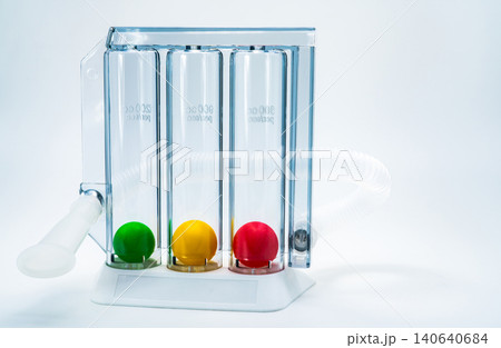 Triple chamber incentive spirometer for deep breathing exercises, respiratory therapy and lung rehabilitation after surgery, medical device used to improve pulmonary function and recovery. Triple chamber incentive spirometer for deep breathing exercises, respiratory therapy and lung rehabilitation after surgery, medical device used to improve pulmonary function and recovery. 140640684