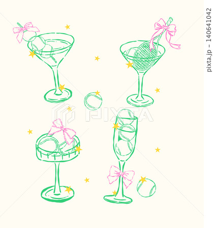Coquette Tennis Cocktail Outline Martini Drinks Set Racket and Balls preppy girly hand drawn with bows whimsical sporty illustrations Coquette Tennis Cocktail Outline Martini Drinks Set Racket and Balls preppy girly hand drawn with bows whimsical sporty illustrations 140641042
