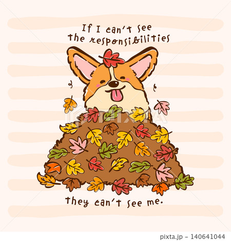 Cute Corgi in Autumn Peeking from Fall Leave Pile,  Kawaii Dog Cartoon Character Hand Drawn 140641044