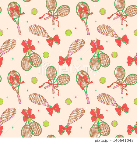 Seamless Pattern Coquette Tennis Racket Red Bow Girly Green Pink Hand Drawn Retro Vintage Wallpaper Isolated Feminine Repeat Design 140641048