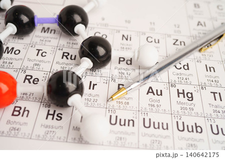 Molecules chemical on a periodic table background. 140642175