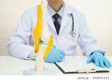 Asian doctor holding human ear model to learn and treat hearing loss in patient. Asian doctor holding human ear model to learn and treat hearing loss in patient. 140642241