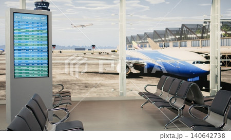 Screen listing flight schedules and boarding gates in airport with no people, showcasing a bright terminal with lounge. Empty departure area within international transport hub, air travel. Screen listing flight schedules and boarding gates in airport with no people, showcasing a bright terminal with lounge. Empty departure area within international transport hub, air travel. 140642738