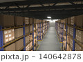 Empty warehouse filled with boxed goods having labels printed on, ready to be shipped to customers worldwide, 3D render, aerial shot of stockroom shelves full of stacked merchandise parcels. 140642878