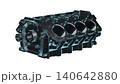 Close up detailed fully textured 3D render over white background of car internal combustion engine cylinder block with pistons, coolant passages and other mechanical components. 140642880