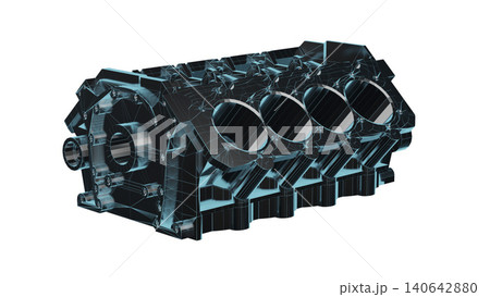 Close up detailed fully textured 3D render over white background of car internal combustion engine cylinder block with pistons, coolant passages and other mechanical components. 140642880