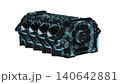 Close up detailed fully textured 3D render over white background of car engine cylinder block with pistons, cranks, valves and other mechanical components offering high performance. 140642881