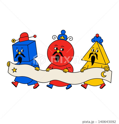 Three Geometric Characters Holding a Banner Three Geometric Characters Holding a Banner 140643092