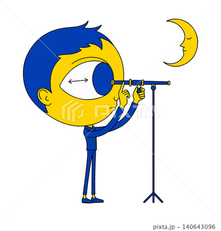 Boy Looking Through Telescope at Crescent Moon Boy Looking Through Telescope at Crescent Moon 140643096