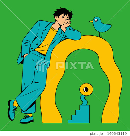 A thoughtful young man in a suit with a bird and abstract shapes 140643119