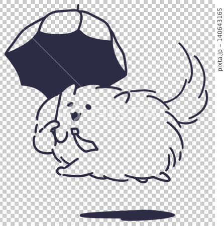 一幅線條畫，描繪了一隻工作中的博美犬撐著陽傘去上班的情景。 140643165