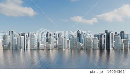3D Illustration of Modern City Skyline Surrounded by Water with Skyscrapers and Blue Sky 3D Illustration of Modern City Skyline Surrounded by Water with Skyscrapers and Blue Sky 140643624