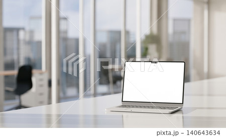 3D Illustration of Laptop with Blank White Screen Mockup on White Desk in Modern Office Interior 3D Illustration of Laptop with Blank White Screen Mockup on White Desk in Modern Office Interior 140643634
