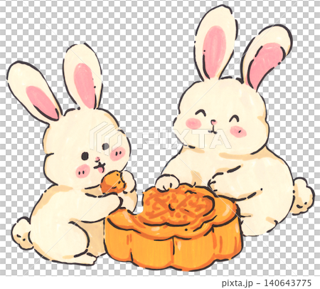 Mid Autumn rabbit illustration set, cute bunny character with mooncake and lantern, Chinese moon festival celebration, traditional oriental culture symbol, whimsical hand drawn greeting card design. 140643775