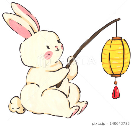 Mid Autumn rabbit illustration set, cute bunny character with mooncake and lantern, Chinese moon festival celebration, traditional oriental culture symbol, whimsical hand drawn greeting card design. 140643783