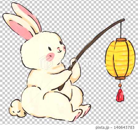 Mid Autumn rabbit illustration set, cute bunny character with mooncake and lantern, Chinese moon festival celebration, traditional oriental culture symbol, whimsical hand drawn greeting card design. 140643783