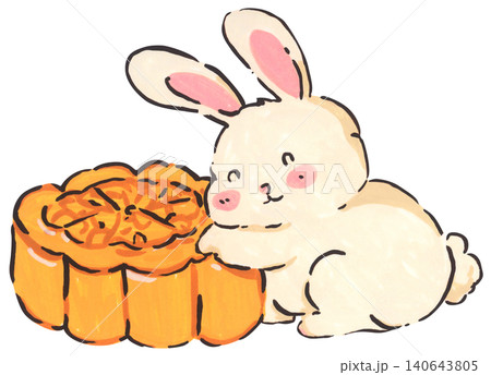 Mid Autumn rabbit illustration set, cute bunny character with mooncake and lantern, Chinese moon festival celebration, traditional oriental culture symbol, whimsical hand drawn greeting card design. 140643805