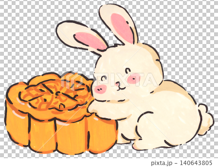 Mid Autumn rabbit illustration set, cute bunny character with mooncake and lantern, Chinese moon festival celebration, traditional oriental culture symbol, whimsical hand drawn greeting card design. 140643805