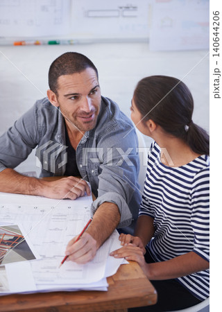 Man, woman and architecture planning with floor plan drawing for project collaboration, illustration or renovation. Colleagues, pencil and building property for sketch engineer, design or partnership Man, woman and architecture planning with floor plan drawing for project collaboration, illustration or renovation. Colleagues, pencil and building property for sketch engineer, design or partnership 140644206