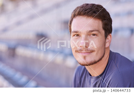 Portrait, athlete or fitness as workout, exercise or training in running, marathon or race. Man, male runner or sportsman on health, wellness or challenge to breathing performance in sport arena 140644733