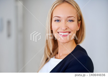 Smile, happy and portrait of business woman in office, workspace and confident for corporate career with mockup space. Female person, employee and legal worker as lawyer, attorney or solicitor 140644836