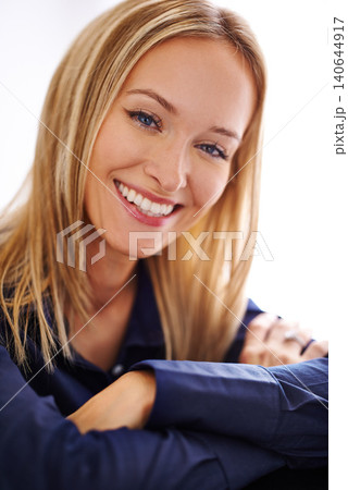 Portrait, woman or smile in beauty, skincare or cosmetology for confidence, dermatology or health. Female beautician, happiness or glow of healthy, smooth or flawless skin as hydrated, firm or clean 140644917