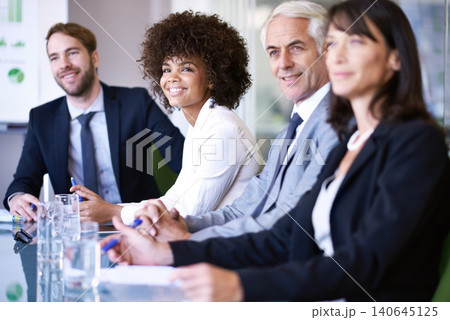 Boardroom, teamwork and business people in a meeting, planning and professional with idea or feedback. Staff, group or legal aid with attorney or cooperation for brainstorming, corporate or listening 140645125