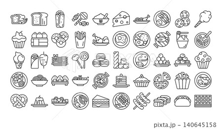 Food icon set featuring various meals, snacks, desserts, and international cuisine in clean line style. Suitable for menus, restaurant branding, mobile apps, websites, packaging, and food projects. 140645158