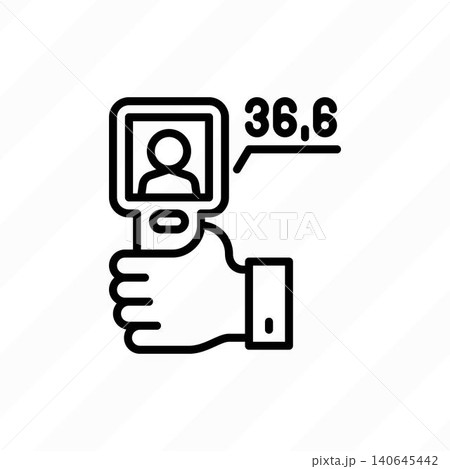 Thermal camera in hand thin line icon. Scanning of temperature, detection of fever.  Vector illustration. 140645442