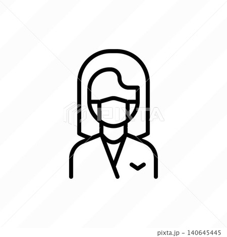 Employee in medical mask, protection from airborne disease, coronavirus, grippe. Thin line icon. Medical equipment. Modern vector illustration. Employee in medical mask, protection from airborne disease, coronavirus, grippe. Thin line icon. Medical equipment. Modern vector illustration. 140645445