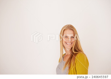 Woman, portrait and confident in studio, smile and small business owner or entrepreneur on white background. Happy female person, casual and cool clothes or style, proud and satisfaction for fashion Woman, portrait and confident in studio, smile and small business owner or entrepreneur on white background. Happy female person, casual and cool clothes or style, proud and satisfaction for fashion 140645597
