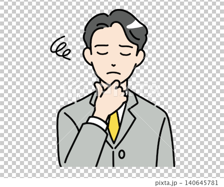 一幅插圖，描繪了一位身穿西裝的年輕男子，他閉著眼睛，神情憂慮不安。 140645781