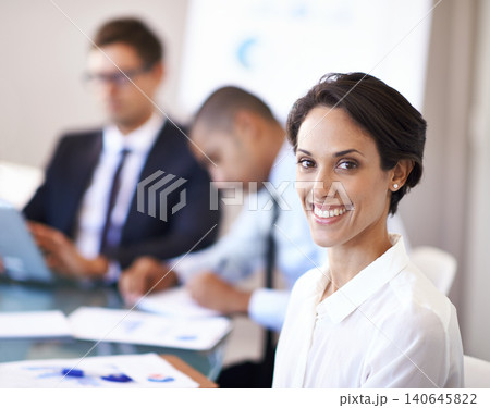 Meeting, portrait and woman in office with smile, confidence and opportunity at b2b workshop with stats. Teamwork, collaboration and happy face of businesswoman in conference room for business plan 140645822
