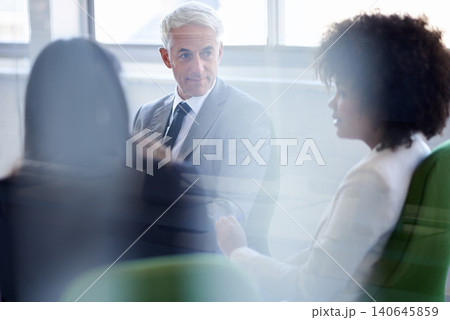 Business people, teamwork and meeting with discussion in office for corporate planning, networking and diversity. Professional, employees and collaboration in boardroom with lens flare and listening 140645859