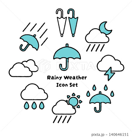 シンプルで使いやすい雨の日アイコンセット｜傘・雨雲・天気 140646151