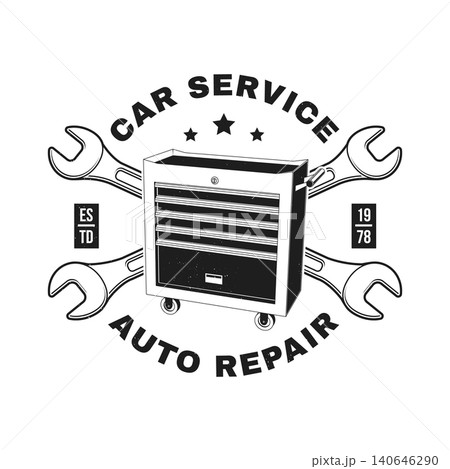 Vintage Tool Chest Car Service Badge. Retro Automotive Workshop Emblem with Mechanic Toolbox Vector Illustration. Classic Garage Repair Design for Auto Service Branding Vintage Tool Chest Car Service Badge. Retro Automotive Workshop Emblem with Mechanic Toolbox Vector Illustration. Classic Garage Repair Design for Auto Service Branding 140646290