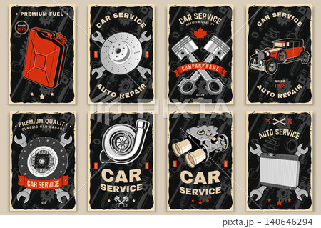 Vintage Garage Posters Collection. Retro Automotive Repair Wall Art Set with Fuel Can, Brake Disc, Pistons and Classic Car Vector Illustrations Vintage Garage Posters Collection. Retro Automotive Repair Wall Art Set with Fuel Can, Brake Disc, Pistons and Classic Car Vector Illustrations 140646294