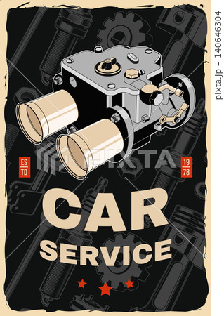 Vintage Carburetor Car Service Poster. Retro Automotive Garage Wall Art with Engine Component Vector Illustration. Classic Mechanic Workshop Design for Auto Repair Branding Vintage Carburetor Car Service Poster. Retro Automotive Garage Wall Art with Engine Component Vector Illustration. Classic Mechanic Workshop Design for Auto Repair Branding 140646304