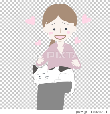 一幅插畫,描繪了一位女士面帶微笑,撫摸著睡在她腿上的愛貓,享受著此刻的寧靜與慰藉。 (配一顆心) 一幅插畫,描繪了一位女士面帶微笑,撫摸著睡在她腿上的愛貓,享受著此刻的寧靜與慰藉。 (配一顆心) 140646521