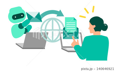 AIが条件に合う優秀な人材へ自動でオファーメールを送信するイラスト。スカウト採用の効率化に。 AIが条件に合う優秀な人材へ自動でオファーメールを送信するイラスト。スカウト採用の効率化に。 140646921