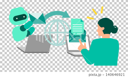 AIが条件に合う優秀な人材へ自動でオファーメールを送信するイラスト。スカウト採用の効率化に。 AIが条件に合う優秀な人材へ自動でオファーメールを送信するイラスト。スカウト採用の効率化に。 140646921