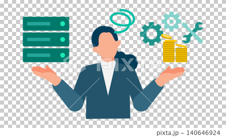 An illustration of a woman weighing the costs and maintenance of on-premises servers. For understanding the current situation and analyzing challenges. An illustration of a woman weighing the costs and maintenance of on-premises servers. For understanding the current situation and analyzing challenges. 140646924